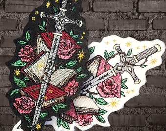 Fairytale Sword and Book Embroidery Patch Reading Adventure Iron On Embroidered Patch MTCoffinz Book Roses Patch - Choose Size / Color