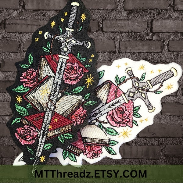 Fairytale Sword and Book Embroidery Patch Reading Adventure Iron On Embroidered Patch MTCoffinz Book Roses Patch - Choose Size / Color