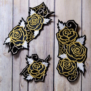 Harlequin Masquerade Gold Black Roses Iron On Embroidery Patch MTCoffinz - Choose Size