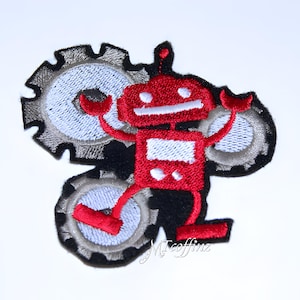 Red Robot Patch Cyber Robot Iron on  Patch Gears Cartoon Anime Iron On Embroidery Patch