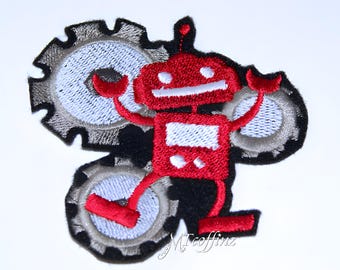 Red Robot Patch Cyber Robot Iron on  Patch Gears Cartoon Anime Iron On Embroidery Patch