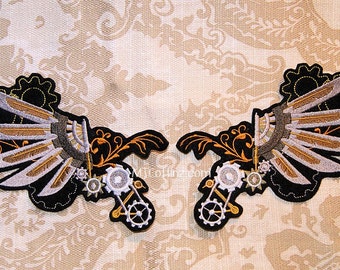 SteamPunk Angel Gear Wings Iron On Embroidery Patch MTCoffinz - Pair / Choose Color / Size