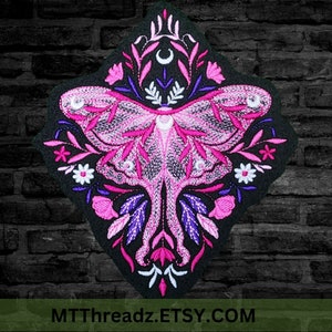Pink Moth Patch Blooming Moth Embroidery Patch Moth Diamond Iron On Embroidery Patch Diamond Moth- Choose Size