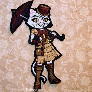 Flirtacious Felicity Steampunk Cat Iron On Embroidery Patch MTCoffinz