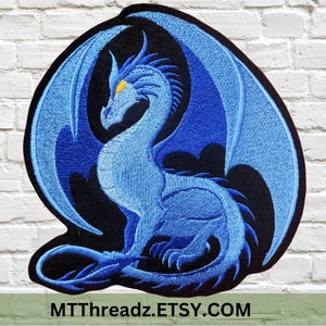 Sapphire Blue Dragon Patch Fantasy Dragon  Iron On Embroidery Patch  - Choose Size