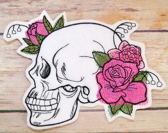 Sample SALE White Human Skull Flowers Gothic Dire Blooms Iron On Embroidery Patch - Ready to Ship LAST ONE