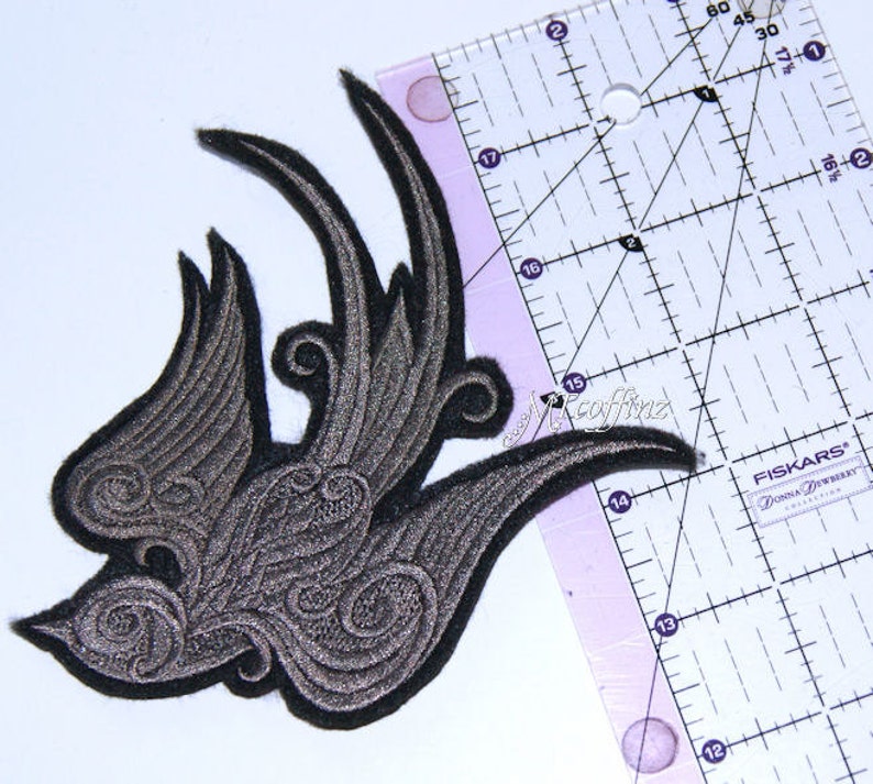 Baroque Swallow Sparrow Grey Rockabilly Iron On Embroidery Patch MTCoffinz image 2