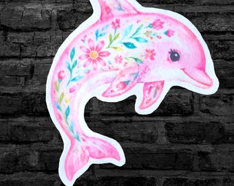 Pink Floral Dolphin Pink Girly Summer - Iron On Fabric Patch - Choose Size