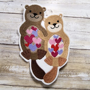 Snuggle Otters Love Hearts Iron On Embroidery Patch MTCoffinz - Choose Size