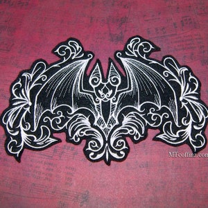 Damask Gothic Bat Black White Gray Iron On Embroidery Patch MTCoffinz - Choose Color / Size