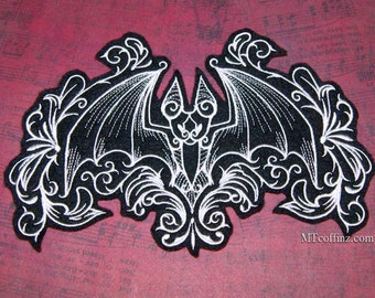 Damask Gothic Bat Black White Gray Iron On Embroidery Patch MTCoffinz - Choose Color / Size