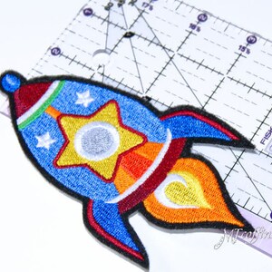 Neon Carton Rocket Ship Iron On Embroidery Patch MTCoffinz Choose Size/Color image 2