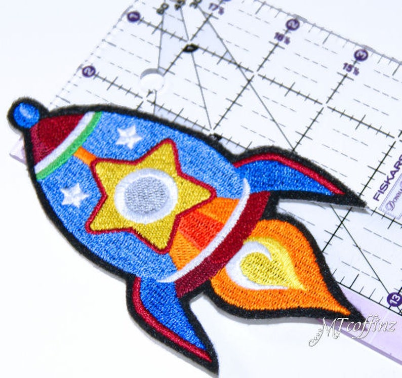 Neon Carton Rocket Ship Iron On Embroidery Patch MTCoffinz Choose Size/Color image 2