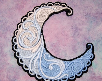Ice Blue Crescent Moon Baroque Swirls Iron On Embroidery Patch MTCoffinz - Choose Size
