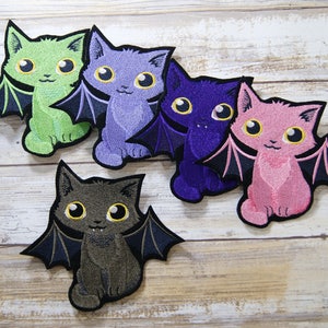 Spooky Kitty with Bat Wings Iron On Embroidery Patch MTCoffinz - Choose Size / Color