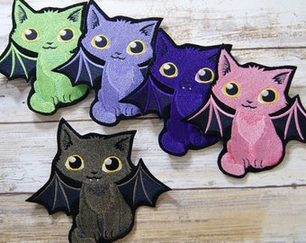 Spooky Kitty with Bat Wings Iron On Embroidery Patch MTCoffinz - Choose Size / Color