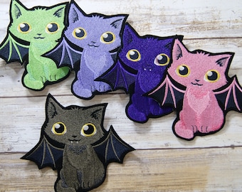 Spooky Kitty with Bat Wings Iron On Embroidery Patch MTCoffinz - Choose Size / Color