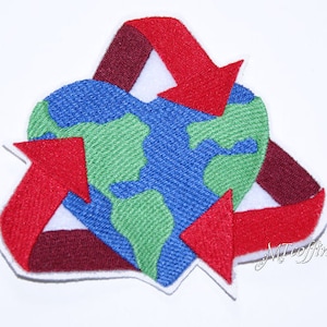 May include: Embroidered patch featuring a blue, green, and white Earth design encircled by three red arrows, symbolizing recycling. The patch has a white border and is likely for clothing or accessories.