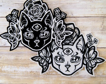 3 Eyed Cat Patch Mystical Feline Patch Iron On Embroidery Patch - Choose Size / Color