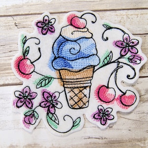 Blue Cherry Ice Cream Floral Cone - Iron On Embroidery Patch MTCoffinz - Choose Size
