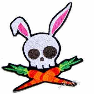 Skull and Crossbones Easter Bunny Carrots Iron On Embroidery Patch MTCoffinz Choose Size image 1
