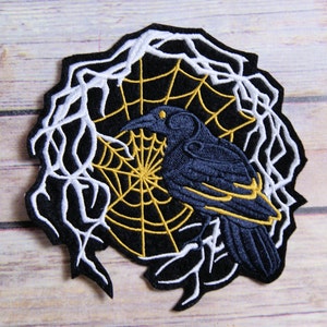 Black Raven Patch Gothic Raven Vines Spiderweb Iron On Embroidery Patch - Choose Size