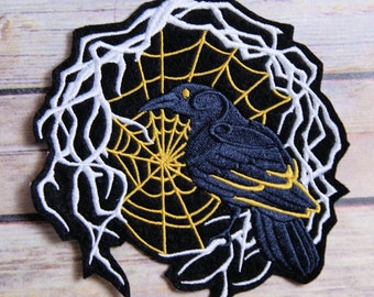 Black Raven Patch Gothic Raven Vines Spiderweb Iron On Embroidery Patch - Choose Size