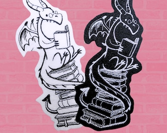Fantasy Dragon Patch Library Dragon Book Reading Dragon Fabric Patch Iron on Patch - Choose Size and Color