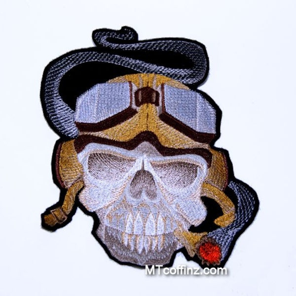 Skull Pilot Aviator Goggles Iron On Embroidery Patch MTCoffinz - Large