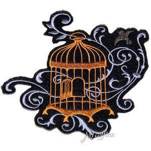 Brass Gilded Cage Bird Swirls Iron On Embroidery Patch MTCoffinz