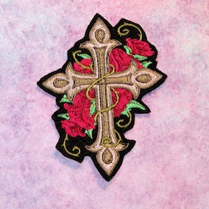 Gothic Cross Roses Vines Iron On Embroidery Patch MTCoffinz - Choose Size/Color