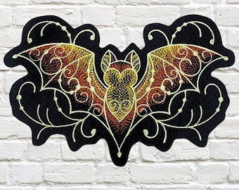 Gothic Bat Embroidered Patch, Filigree Bat Iron On Applique, Dark Fantasy Halloween Sewing Patch - Chose Size