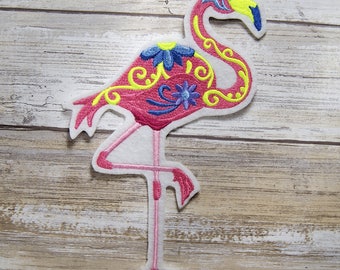 Flower Power Pink Flamingo - Iron On Embroidery Patch MTCoffinz - Choose Size