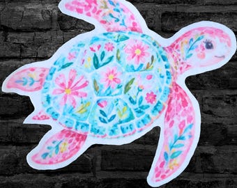 Pink Floral Sea Turtle Pink Girly Summer - Iron On Fabric Patch - Choose Size