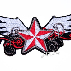 Red Beveled Star with Wings Iron On Embroidery Patch MTCoffinz