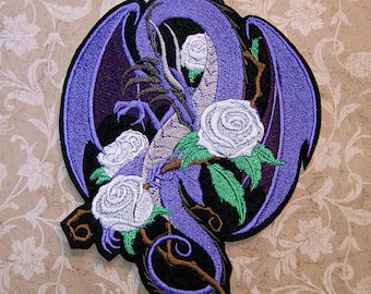 Purple Rose Dragon Fantasy Iron On Embroidery Patch MTCoffinz - Choose Size