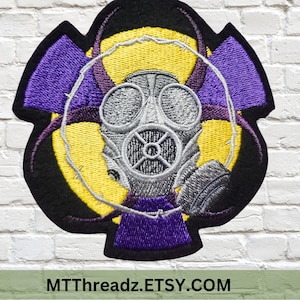 Gasmask Patch Biohazard Nuke Warning Purple Yellow Gas Mask Circle Iron On Embroidery Patch