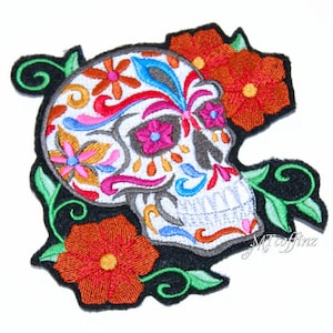 Sugar Skull Dia de Los Muertos Day of the Dead with Flowers Biker Patch Iron On Embroidery Patch MTCoffinz