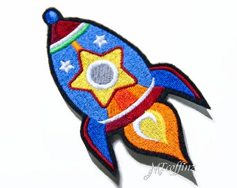 Neon Carton Rocket Ship Iron On Embroidery Patch MTCoffinz- Choose Size/Color