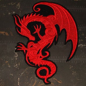Red Dragon Baroque  Iron On Embroidery Patch Mirror option MTCoffinz - Choose size