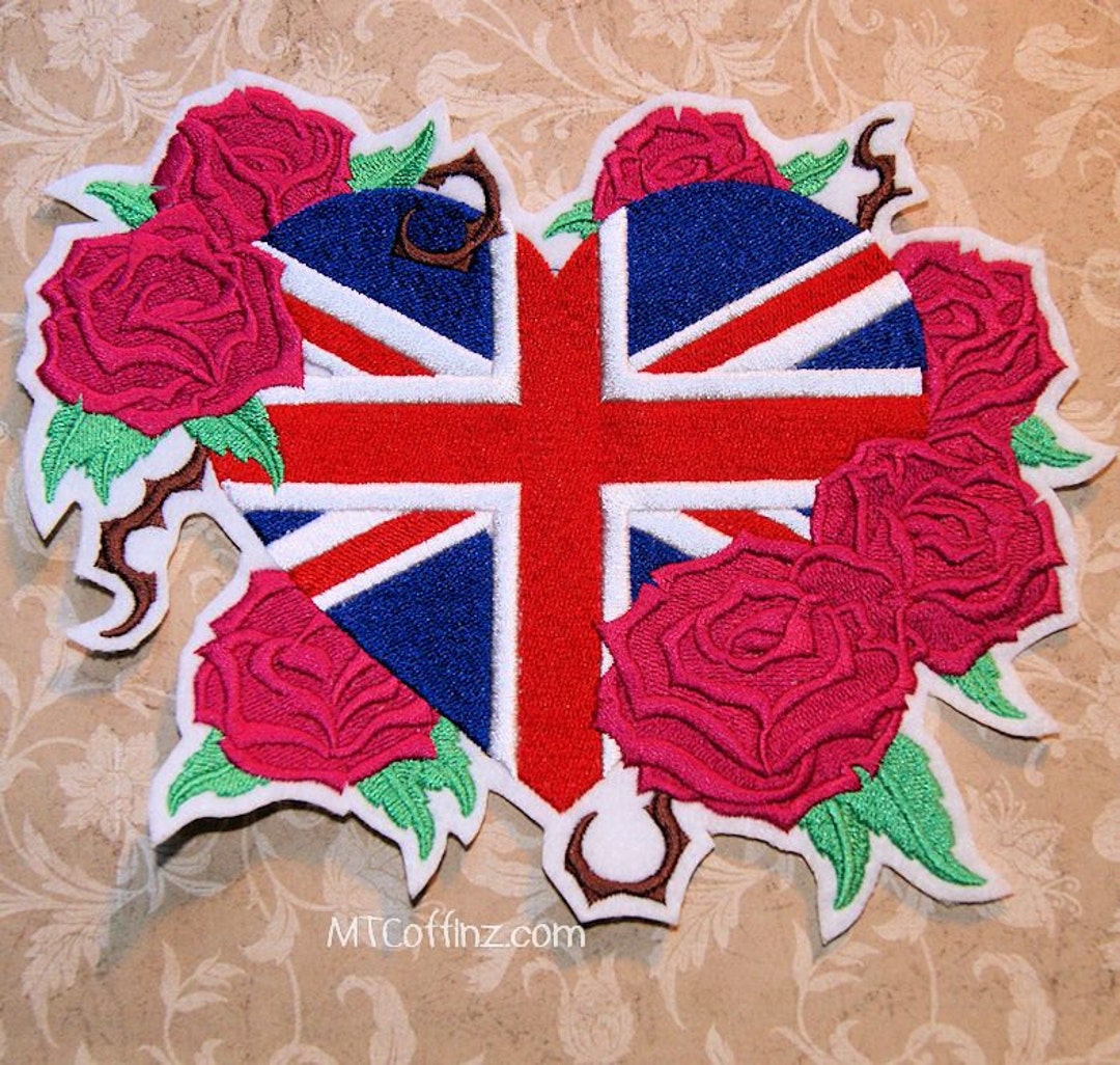 Red Roses Union Jack Flag Heart Iron on Embroidery Patch Mtcoffinz ...