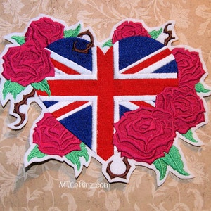 Red Roses Union Jack Flag Heart Iron On Embroidery Patch MTCoffinz - Choose Size