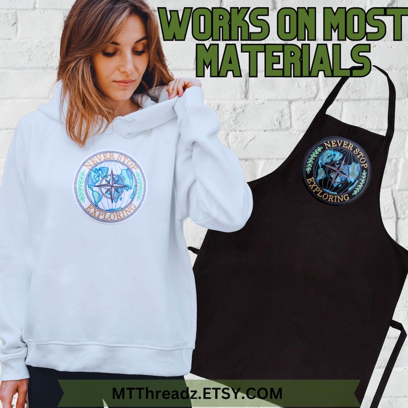 May include: A light blue hoodie with a compass and globe design that says "Never Stop Exploring". A black apron with the same design is shown next to the hoodie. The text "Works on Most Materials" is at the top of the image.