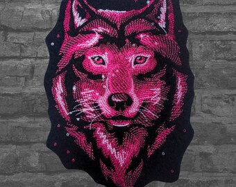 Pink Wolf Patch Wolf Iron On Embroidery Patch - Choose Size