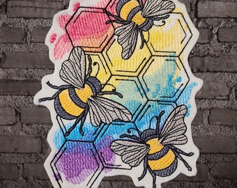 Honey Bee Patch Rainbow Honeycomb Iron On Patch Bee Iron On Embroidery Patch - Choose Size
