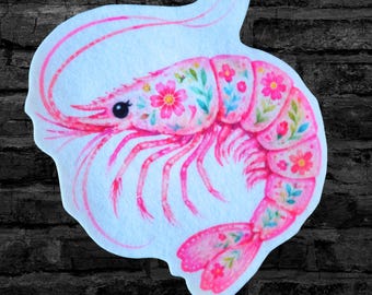 Pink Floral Shrimp Pink Girly Summer - Iron On Fabric Patch - Choose Size