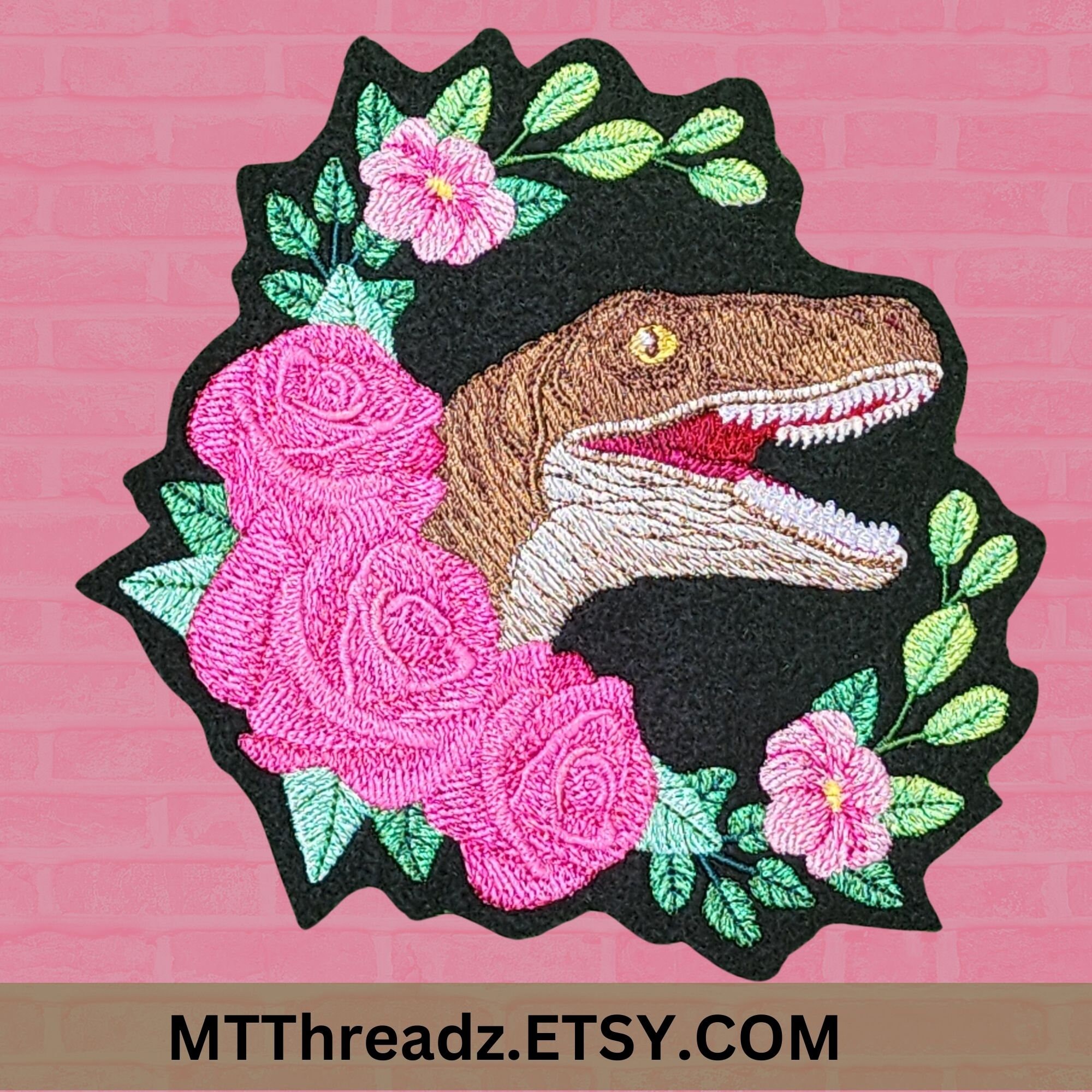 Dinosaur Patch Raptor and Roses Iron on Embroidery Patch Pink Rose ...
