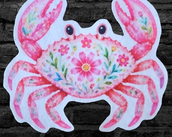 Pink Floral Crab Pink Girly Summer - Iron On Fabric Patch - Choose Size