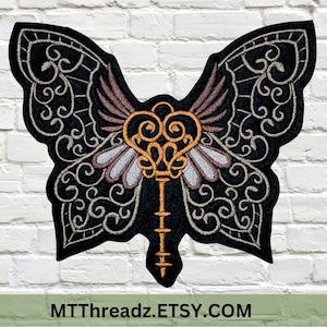 SteamPunk Copper Key Butterfly Patch Iron On Embroidery Patch Victorian Steam Punk Patch- Choose Size