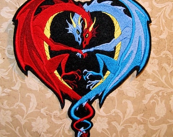 Fire and Ice Dueling Dragons Fantasy Iron On Embroidery Patch MTCoffinz - Choose Size
